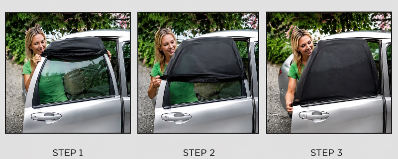 Easy 3-step window shade installation process step 1 slip on step 2 pull down step 3 secure